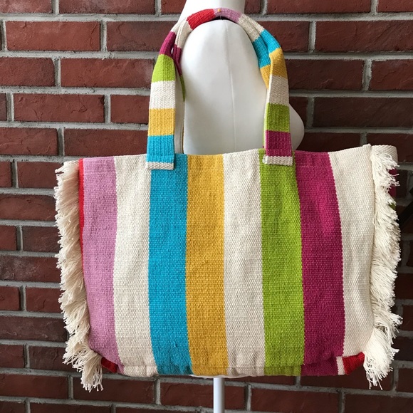 Hand Crafted Handbags - NWOT WOVEN STRIPED CANVAS SHOPPING TOTE BEACH BAG